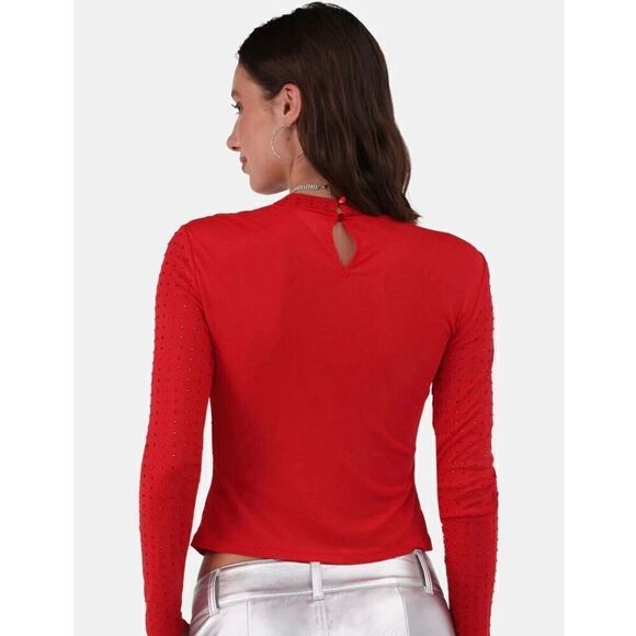 No Boundaries Rhinestone Studded Mesh Top with Long-Sleeves Red NWT Size XXS - Picture 2 of 12
